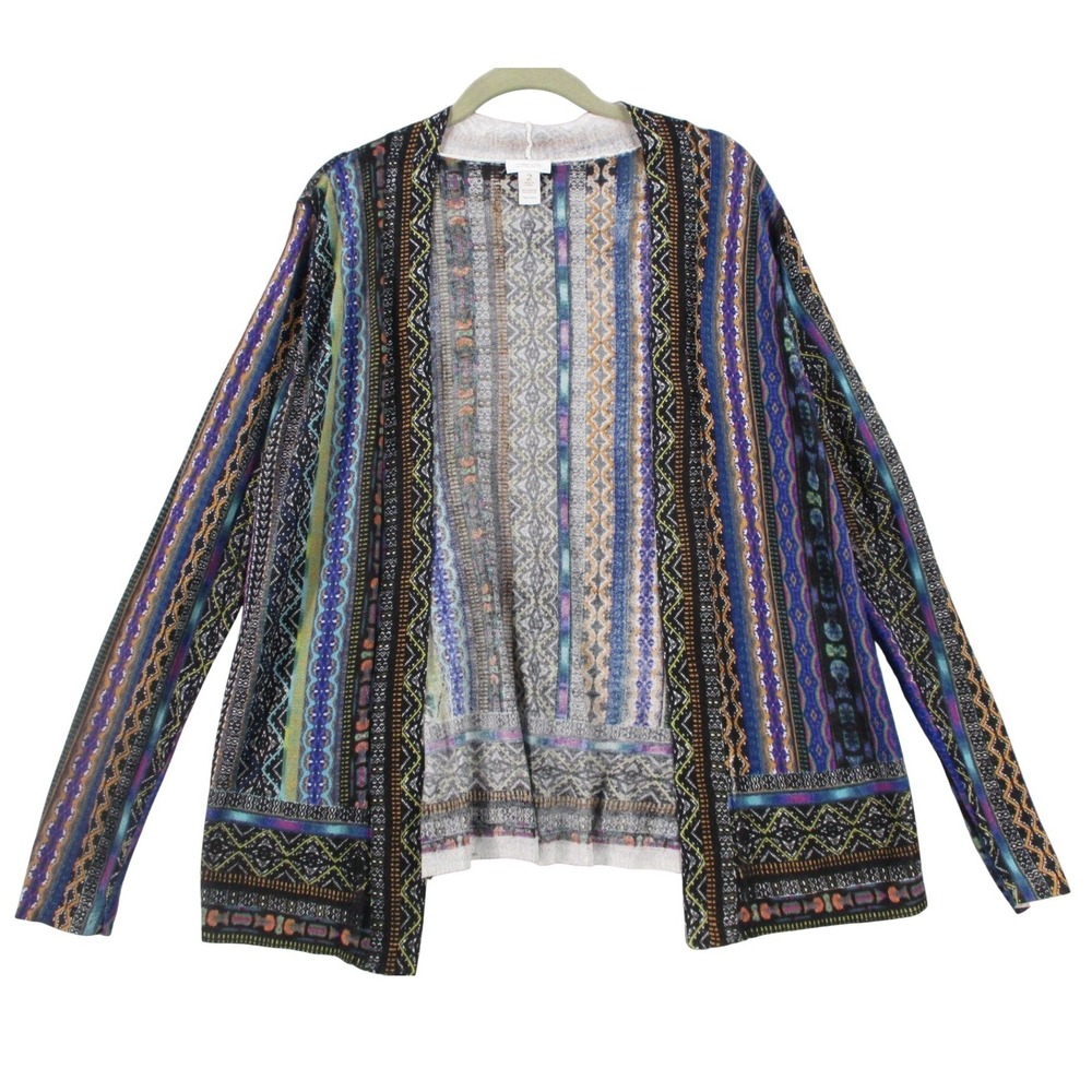 Chicos‎ Women Open Front Cardigan Multicolor Geometric Striped Knit Sweater Sz 2